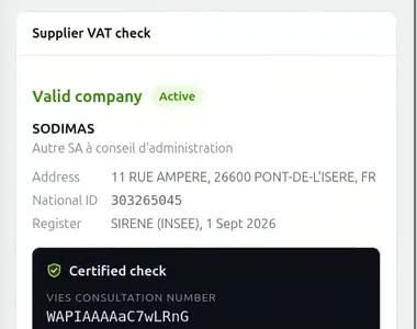A company record: legal name, legal form, registered address, national id and the register that answered.