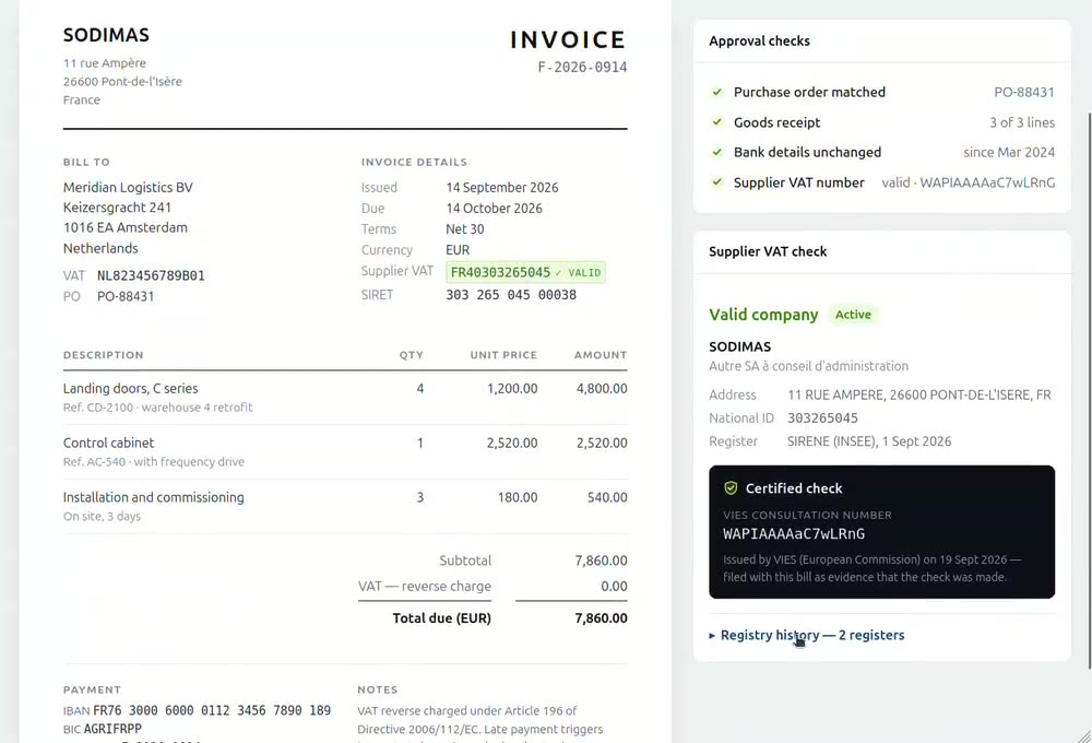 A supplier invoice beside a panel showing the company its VAT number resolves to.