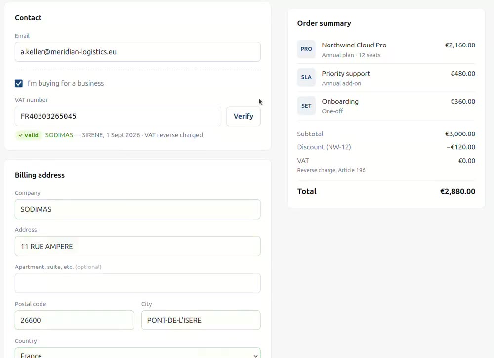 A checkout form filling its company name, street, postal code and city from a VAT number.