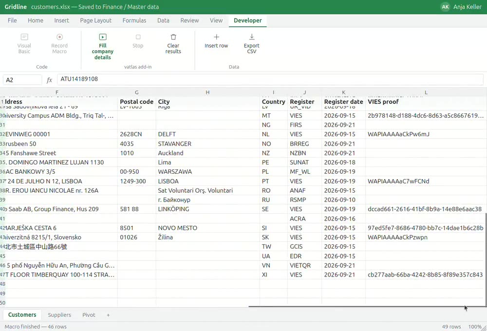A column of VAT numbers with the company name, address and register filled in beside it.
